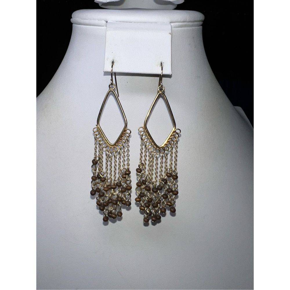 Boho Gold Tone Long Chain and Bead Chandelier Earrings‎